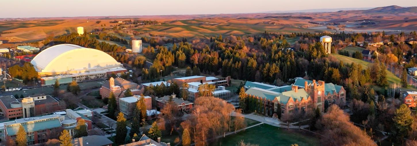 Aerial view of the University of Idaho campus, with the Administration Building in the foreground. 